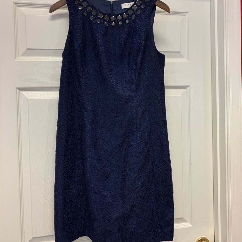Trina Turks Navy Lace & Gem Sleeveless Dress sz 8